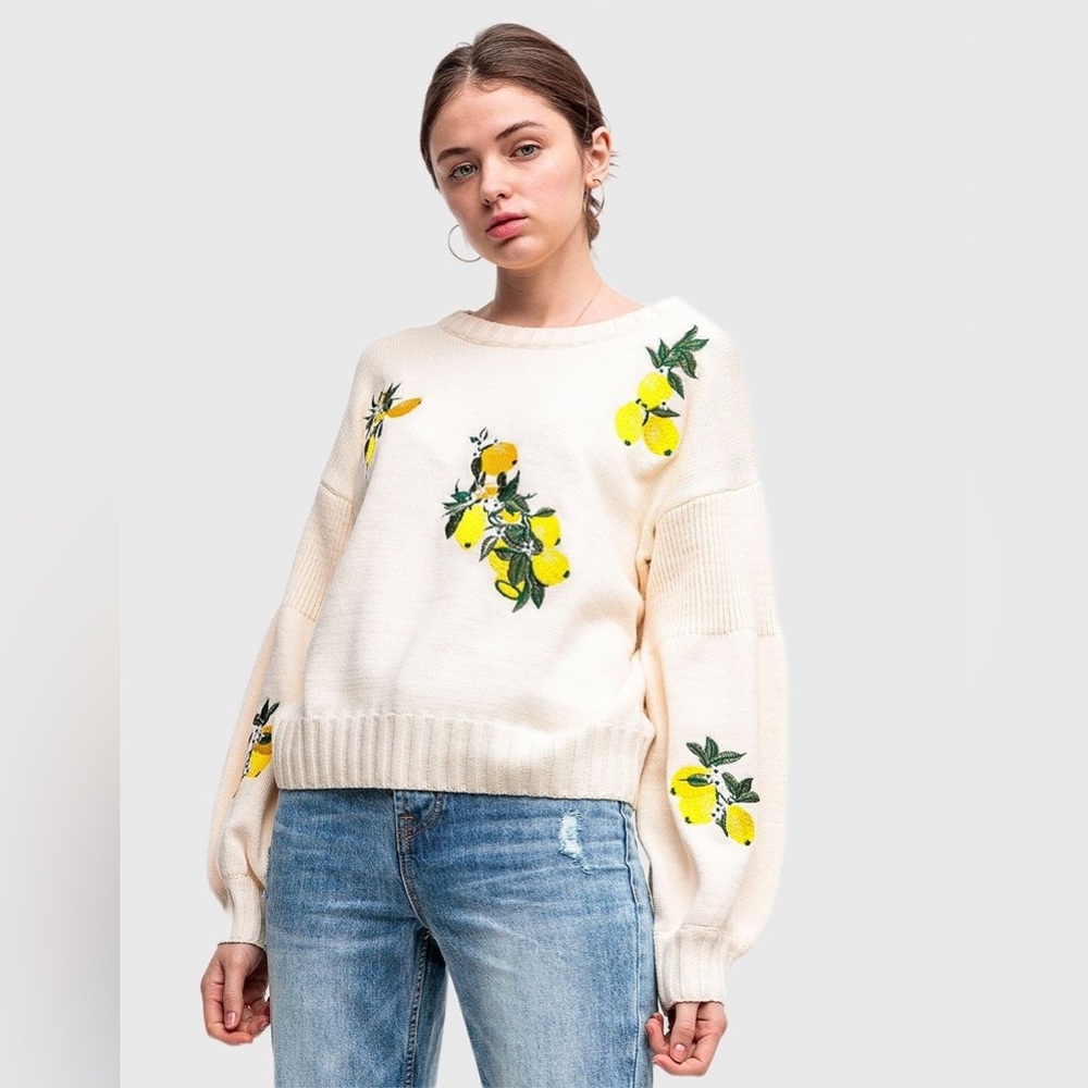 Lumiere Lemon Embroidered Cream Sweater